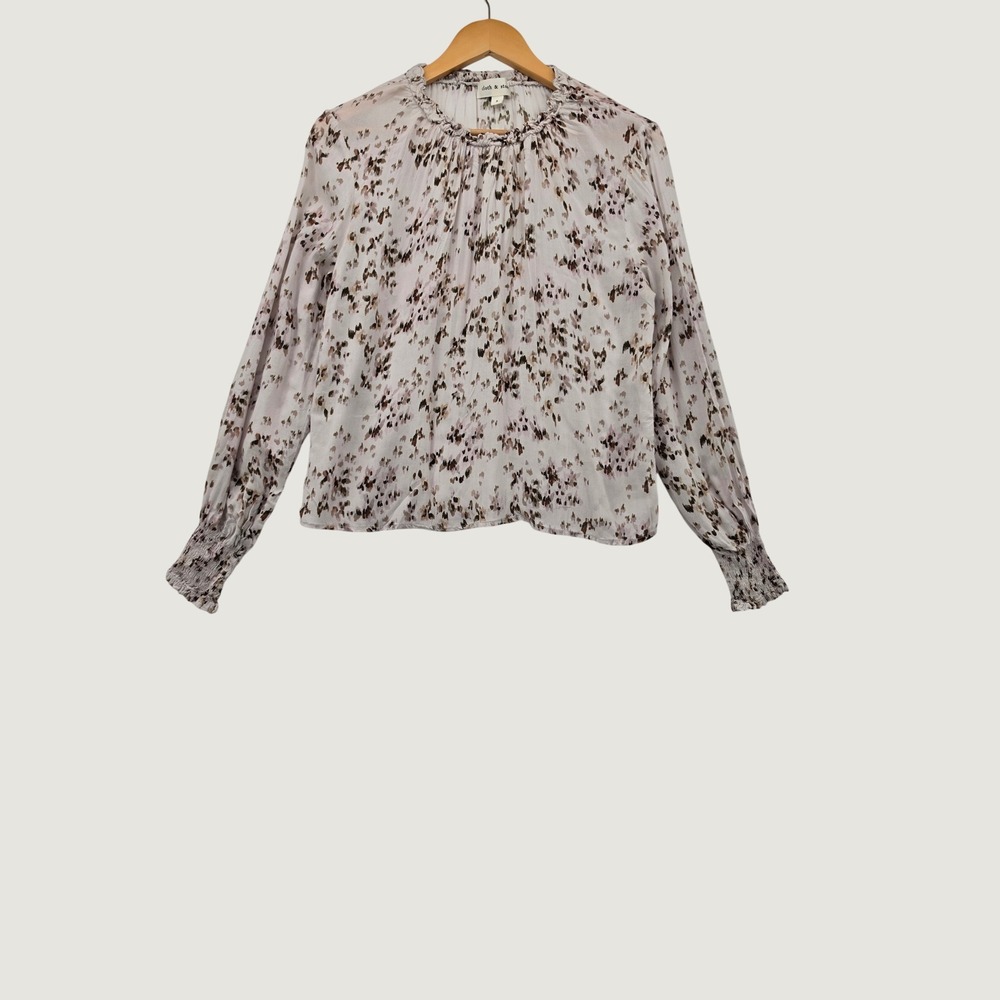 Cloth & Stone Abstract Print Blouse Small Boho Ruffle Neck Smocked Rayon Top